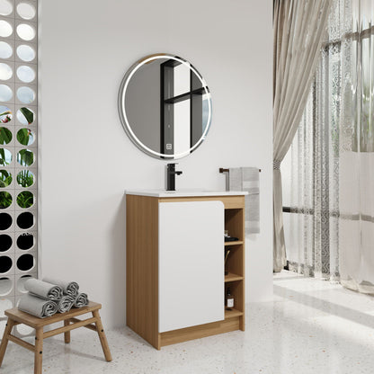 Freestanding Bathroom Vanity With Thin Rim Sink, Single Door With 4 Tier Open Shelves - Light Oak / White