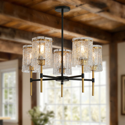 5 Light Chandelier, Textured Glass Pendant Light, (Not Including The Bulb) For Living Room - Black / Gold