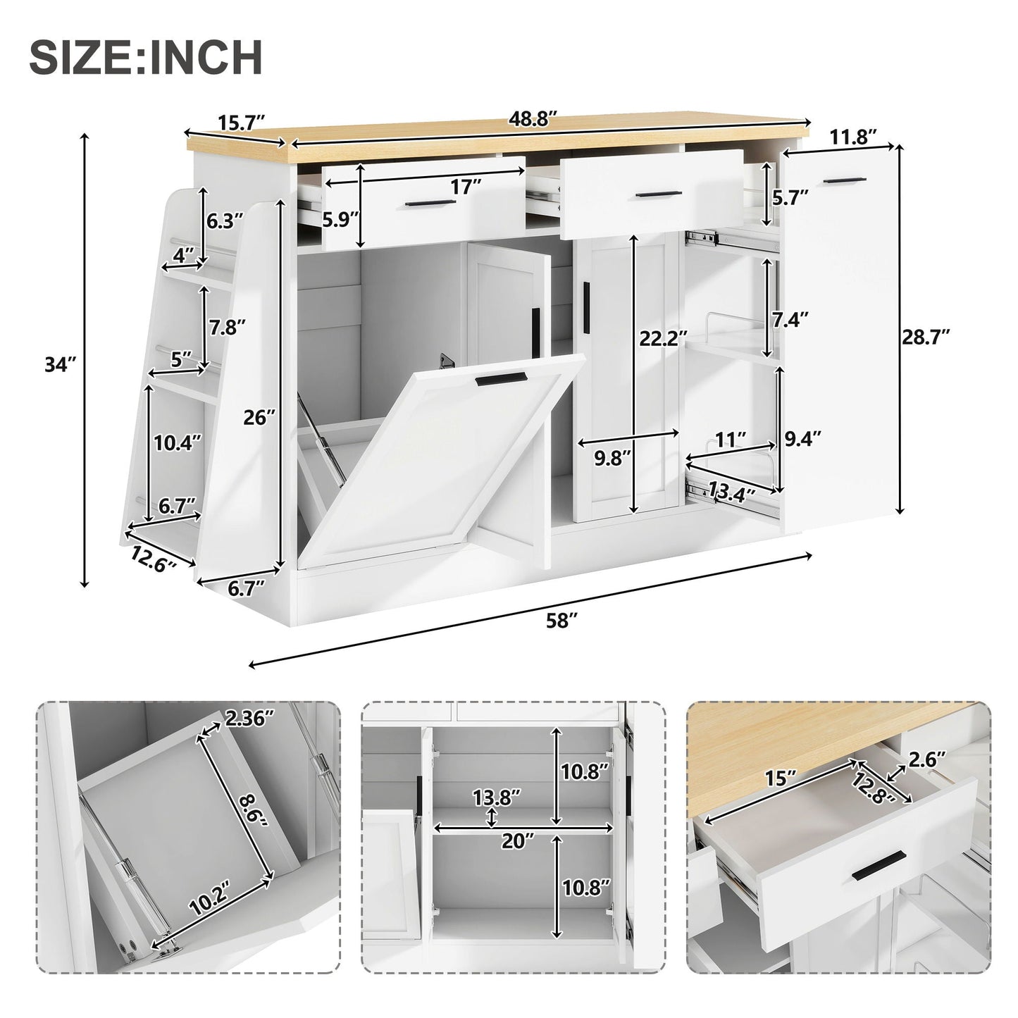Kitchen Sideboard With Sliding Door Cabinet, 3 Tier Spice Rack