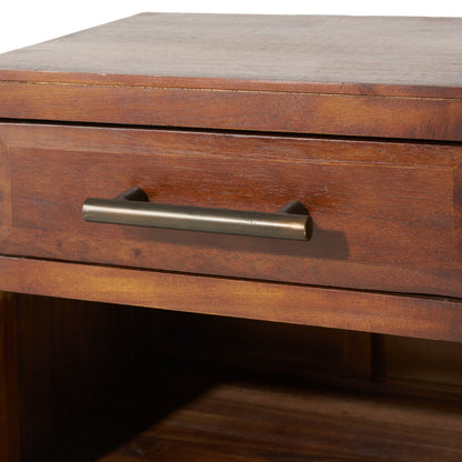 End Table in Brown Acacia Wood with Storage Drawer and Shelf