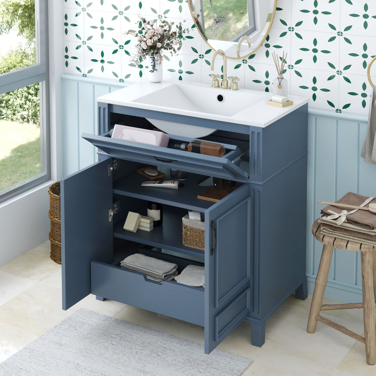 Bathroom Vanity With Sink Storage Cabinet - Blue