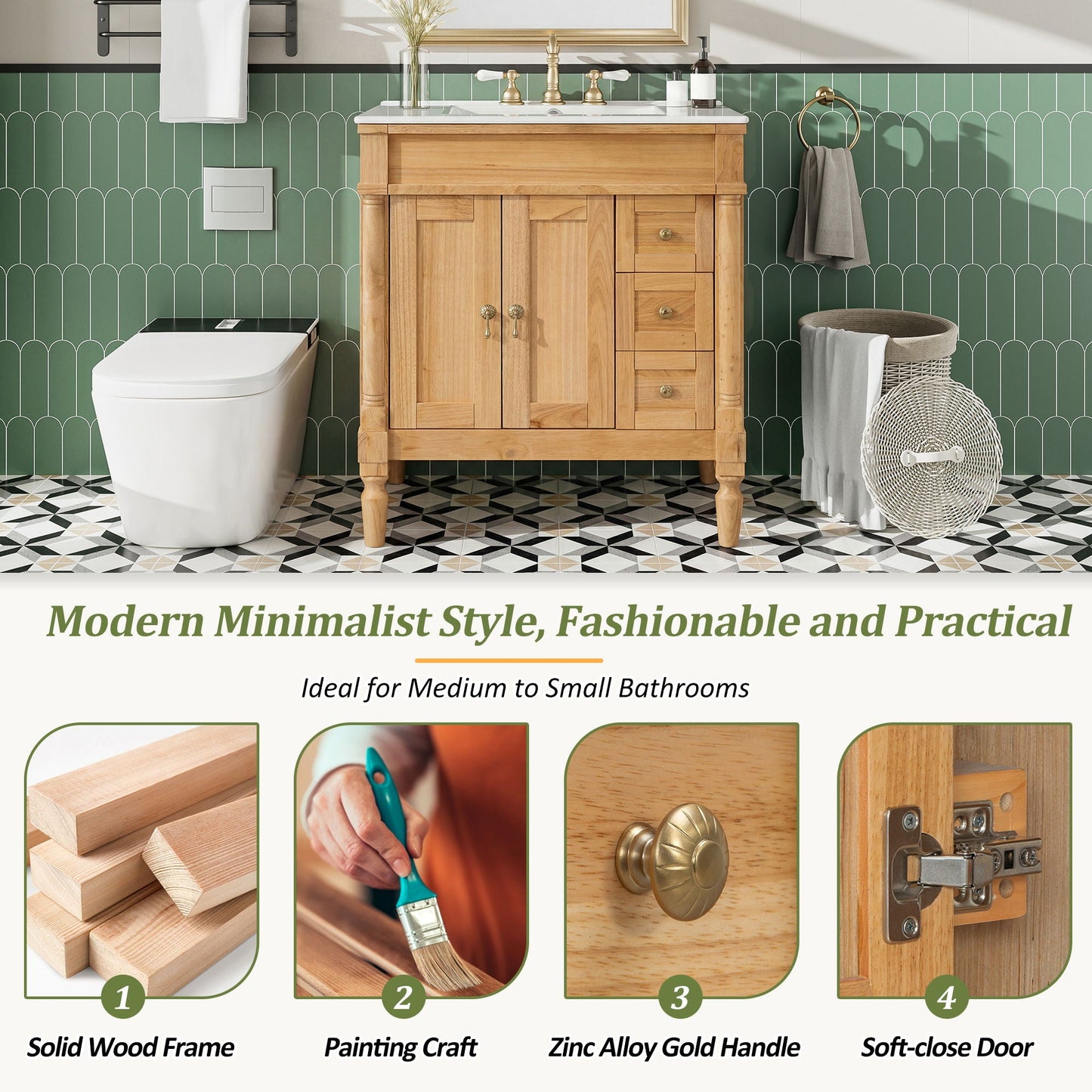 Modern Bathroom Vanity With Ceramic Sink, Soft Close Doors, Adjustable Shelves
