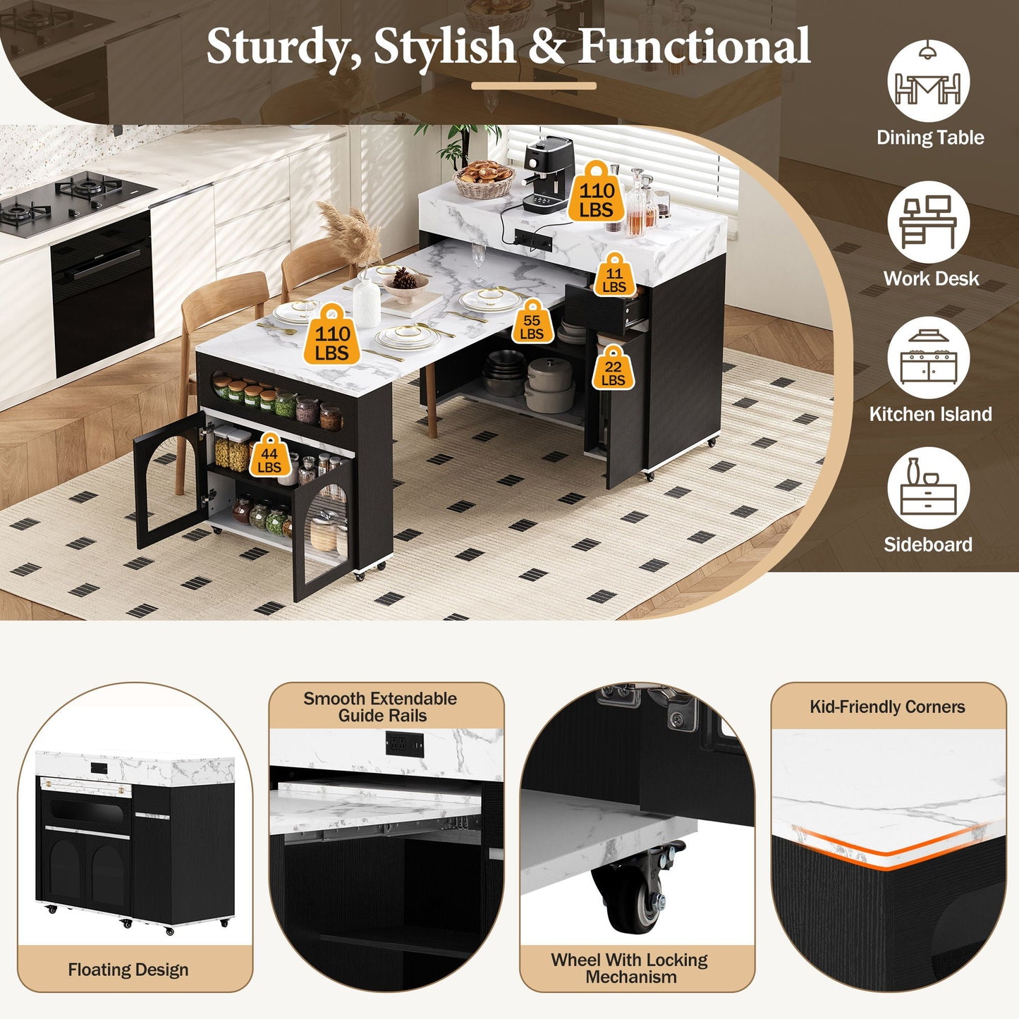 Extendable Dining Table With Folding Top, Rolling Kitchen Island With Drawers And Power Outlet