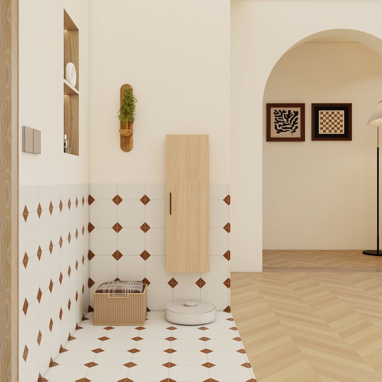 Tall Floating Bathroom Side Cabinet, Wall Mounted Single Door Storage - Light Oak