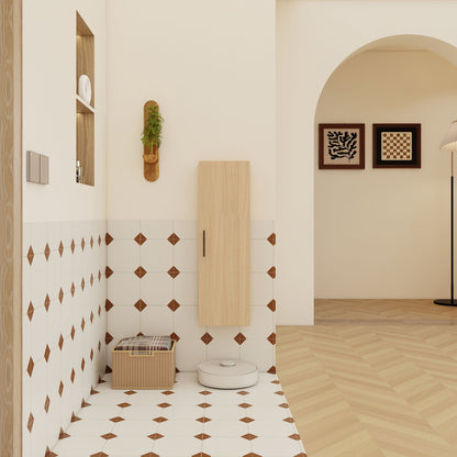 Tall Floating Bathroom Side Cabinet, Wall Mounted Single Door Storage - Light Oak