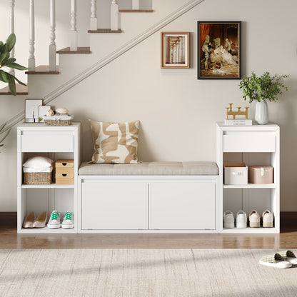 Entryway Storage Bench With Cushion, Drawers & Open Shelves