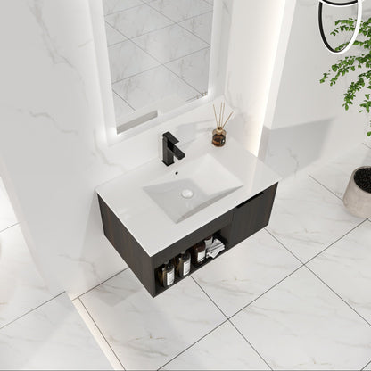 Wall Mounted Floating Bathroom Vanity With Open Shelf & Soft Close Door