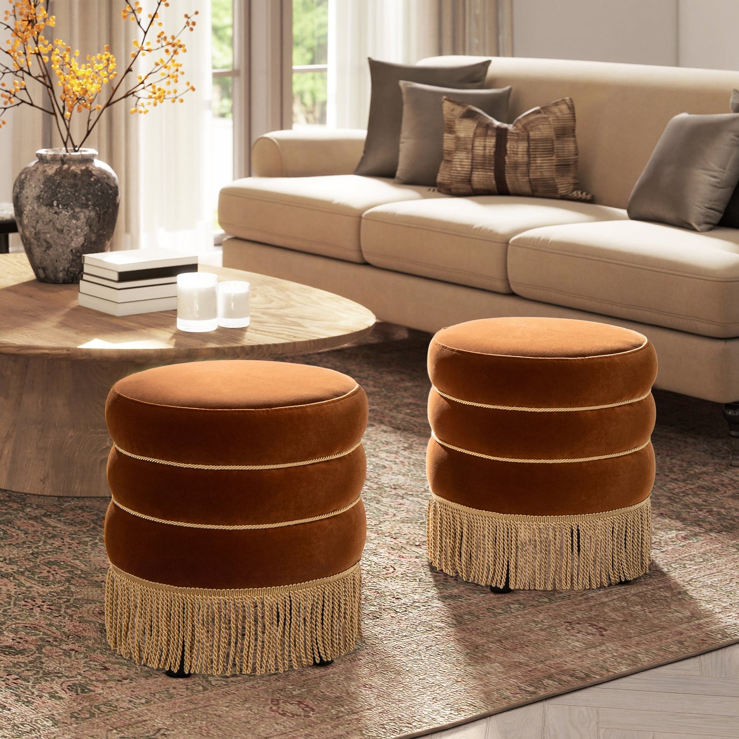 Edward 17.5" Round Upholstered Ottoman with Bullion Fringe