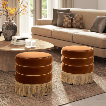 Edward 17.5" Round Upholstered Ottoman with Bullion Fringe
