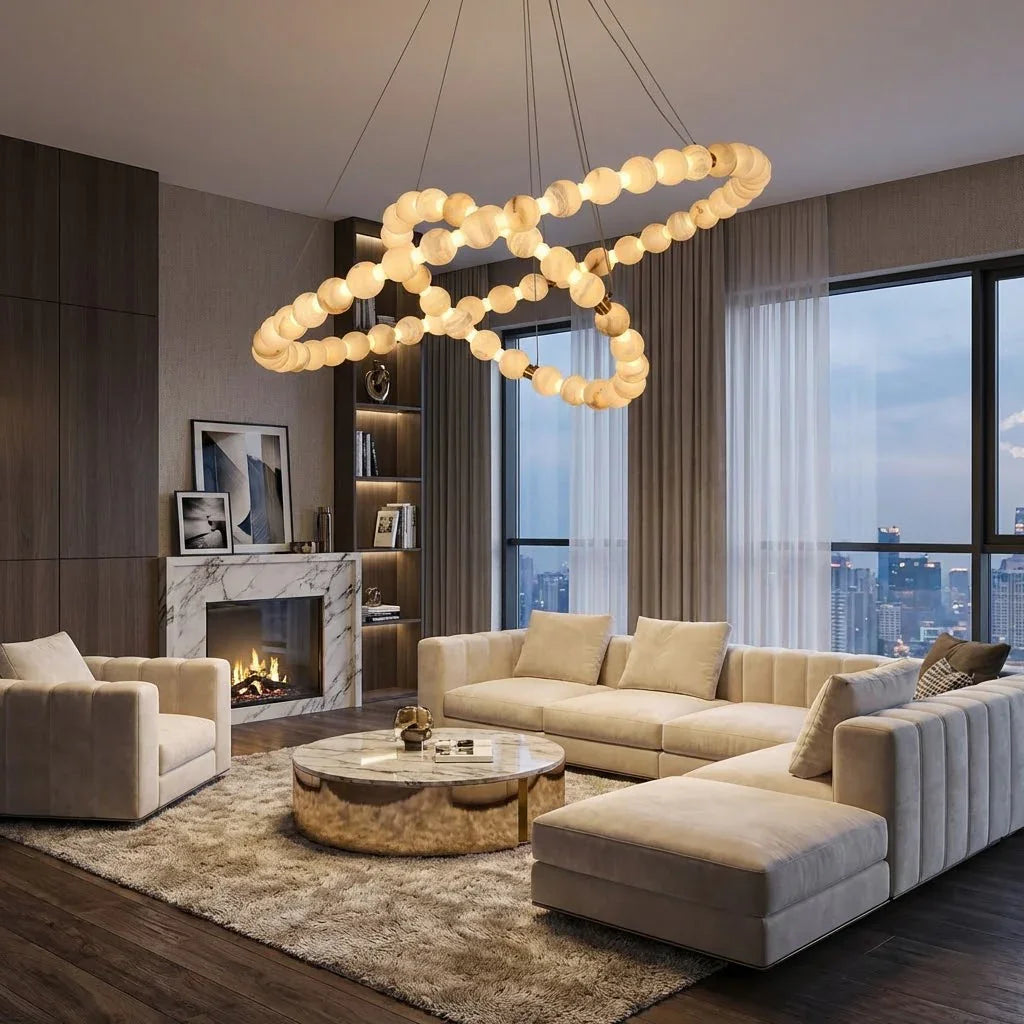 Alabaster Beaded Ring Chandelier