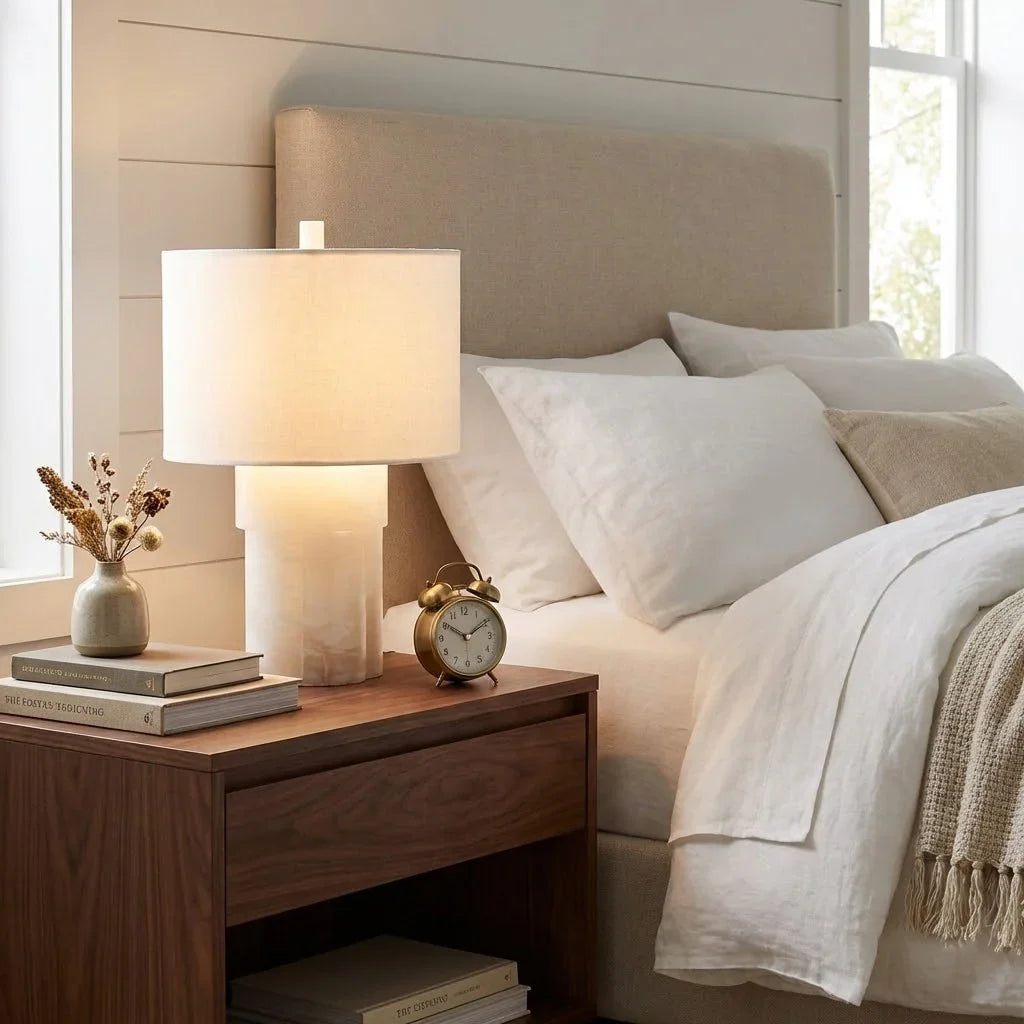 Alabaster Column Drum Table Lamp