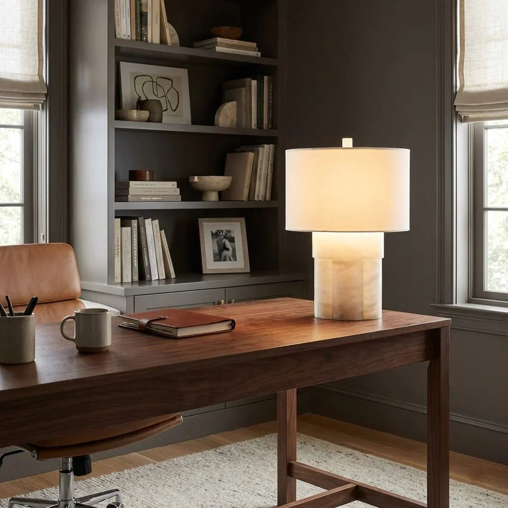 Alabaster Column Drum Table Lamp