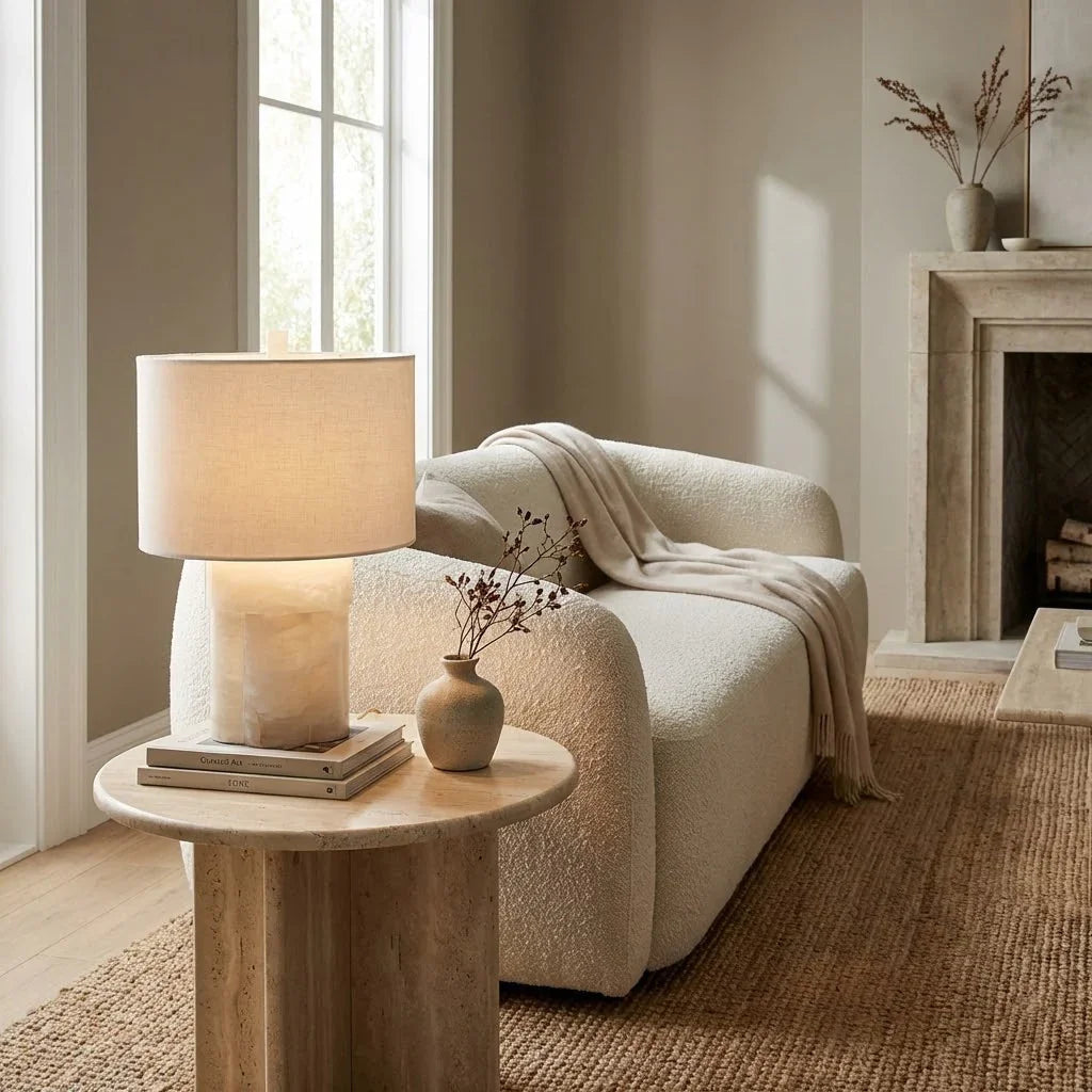 Alabaster Column Drum Table Lamp