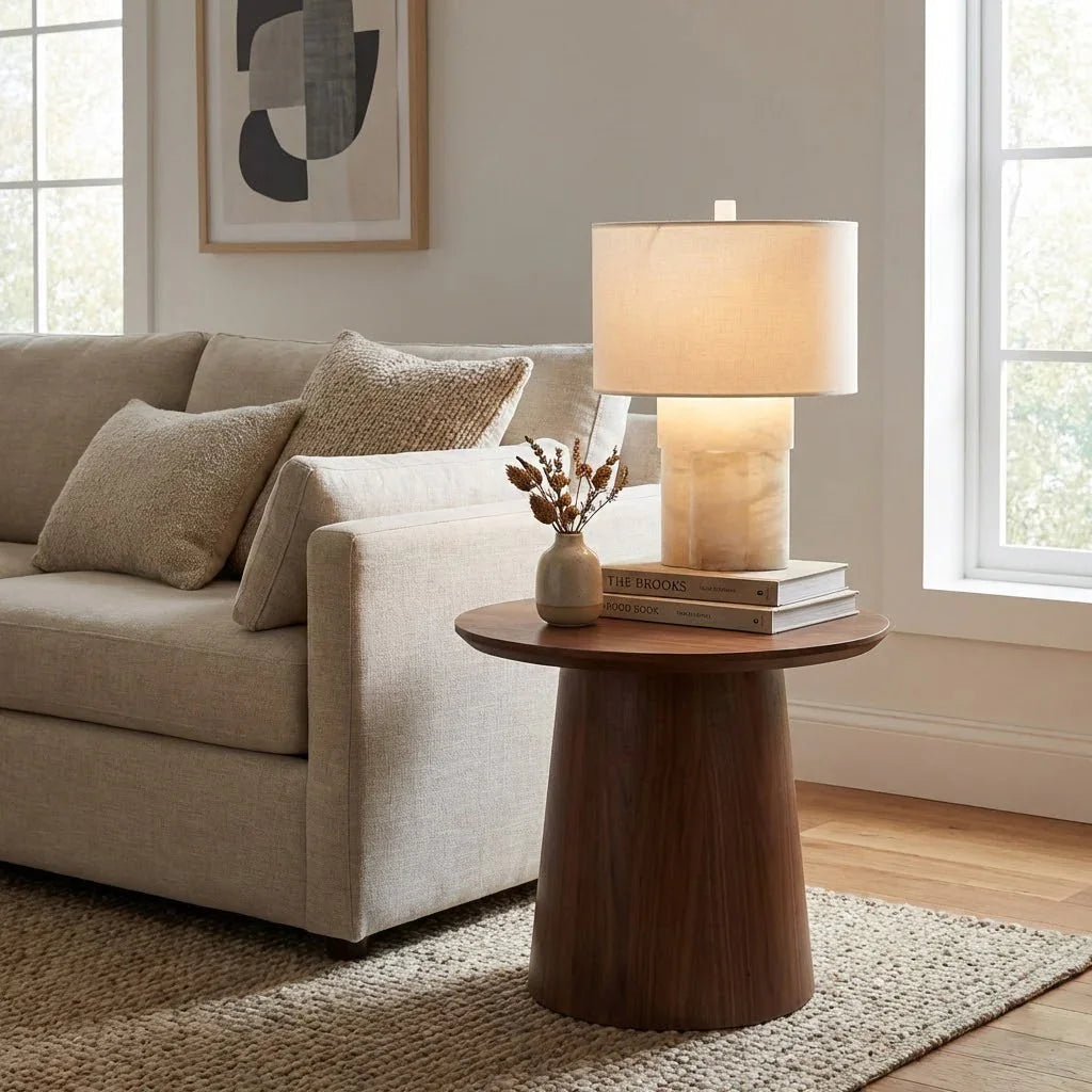 Alabaster Column Drum Table Lamp