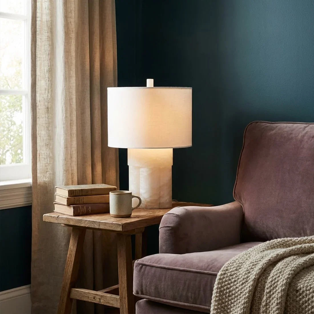 Alabaster Column Drum Table Lamp