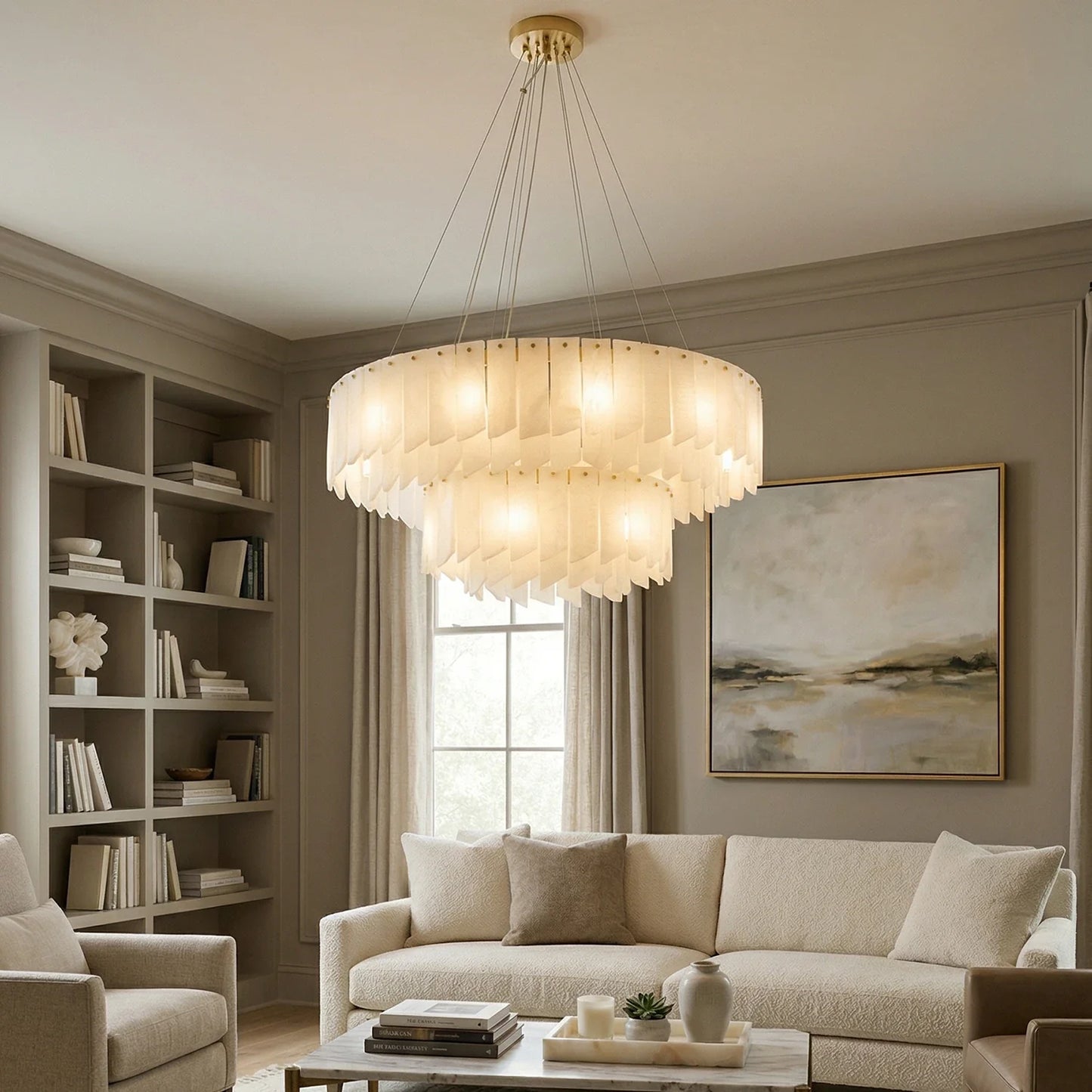 Cascade Alabaster Tiered Brass Chandelier
