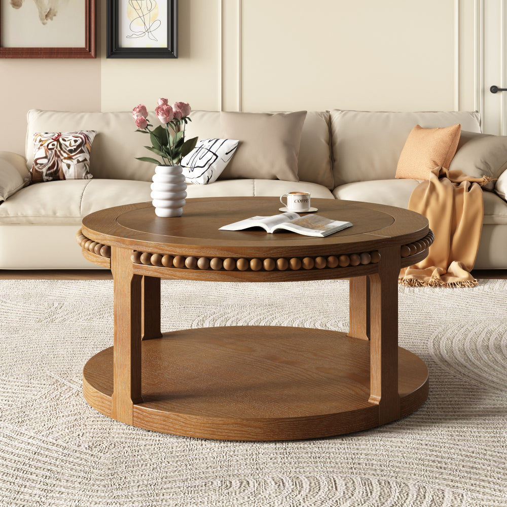 31.5" Round Solid Wood Coffee Table — Two-Tier Shelf, Natural Finish