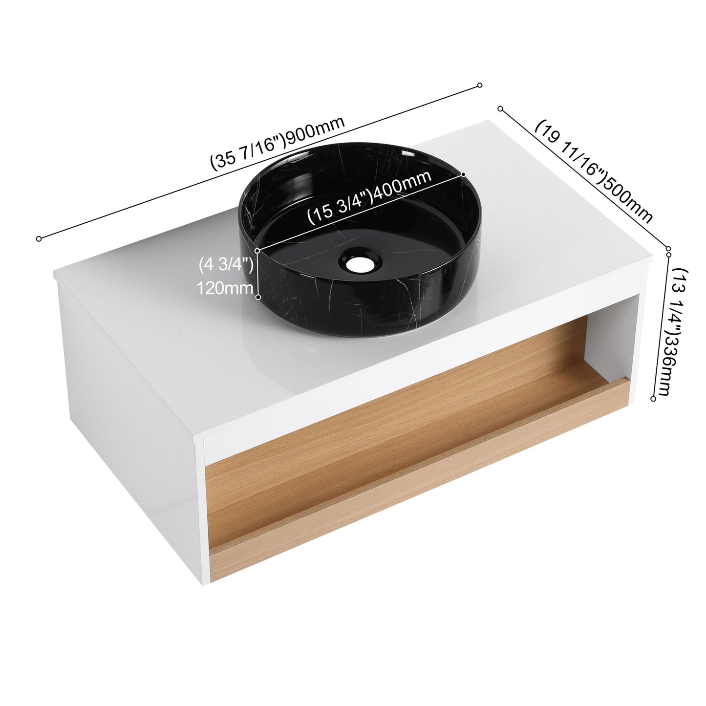 Floating Bathroom Vanity With Vessel Sink With Open Shelf Storage