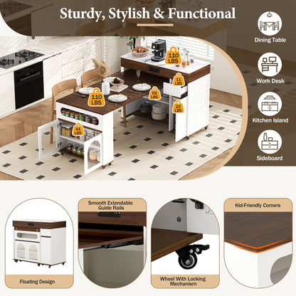 Extendable Dining Table With Folding Top, Rolling Kitchen Island With Drawers And Power Outlet