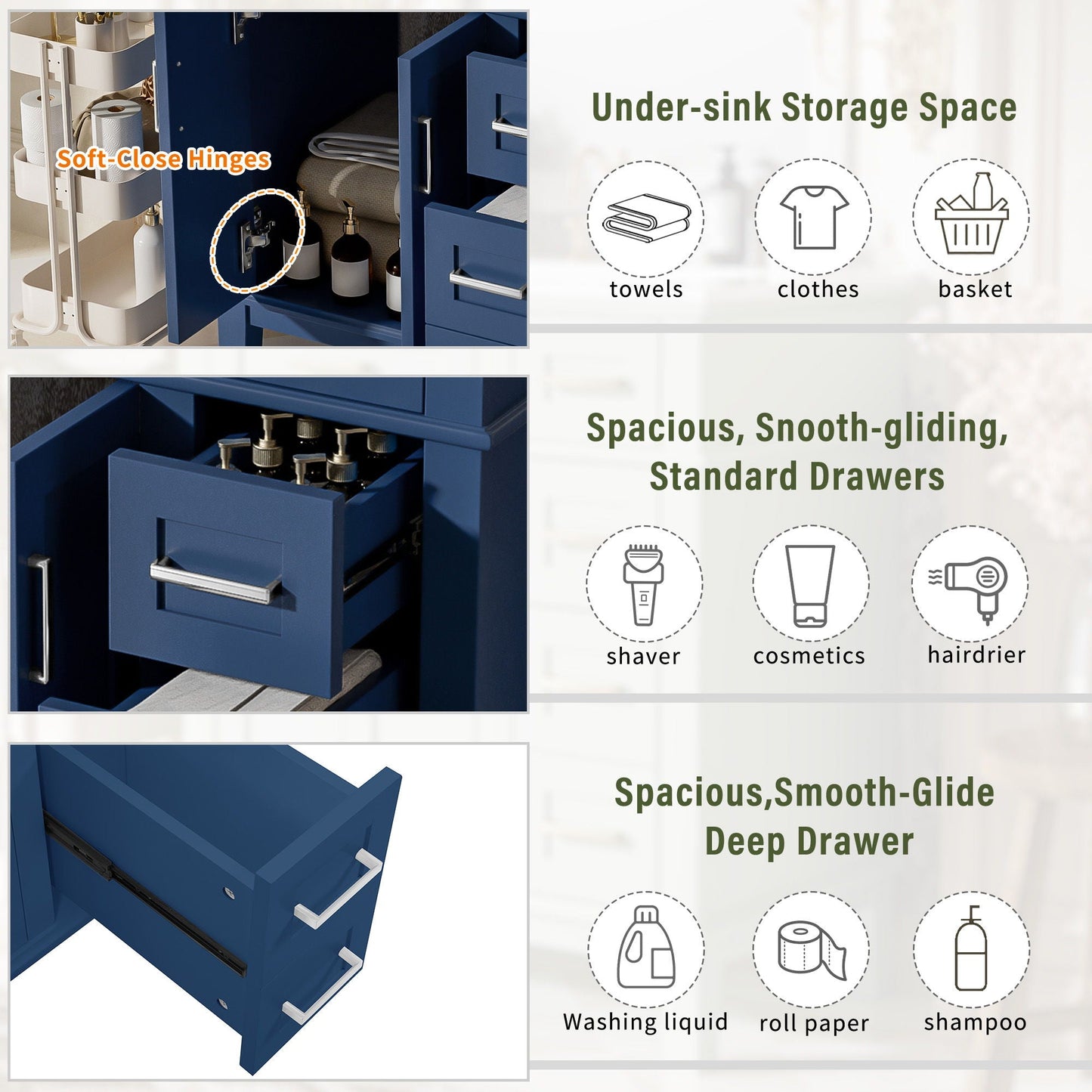 Modern Bathroom Vanity With Sink, Storage Cabinet, Soft Close Doors, Deep & Standard Drawers