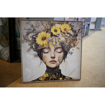 Floral Beauty Lady Canvas Wall Art | Gold & White Framed Print for Bedroom & Living Room — 24×24 Inch