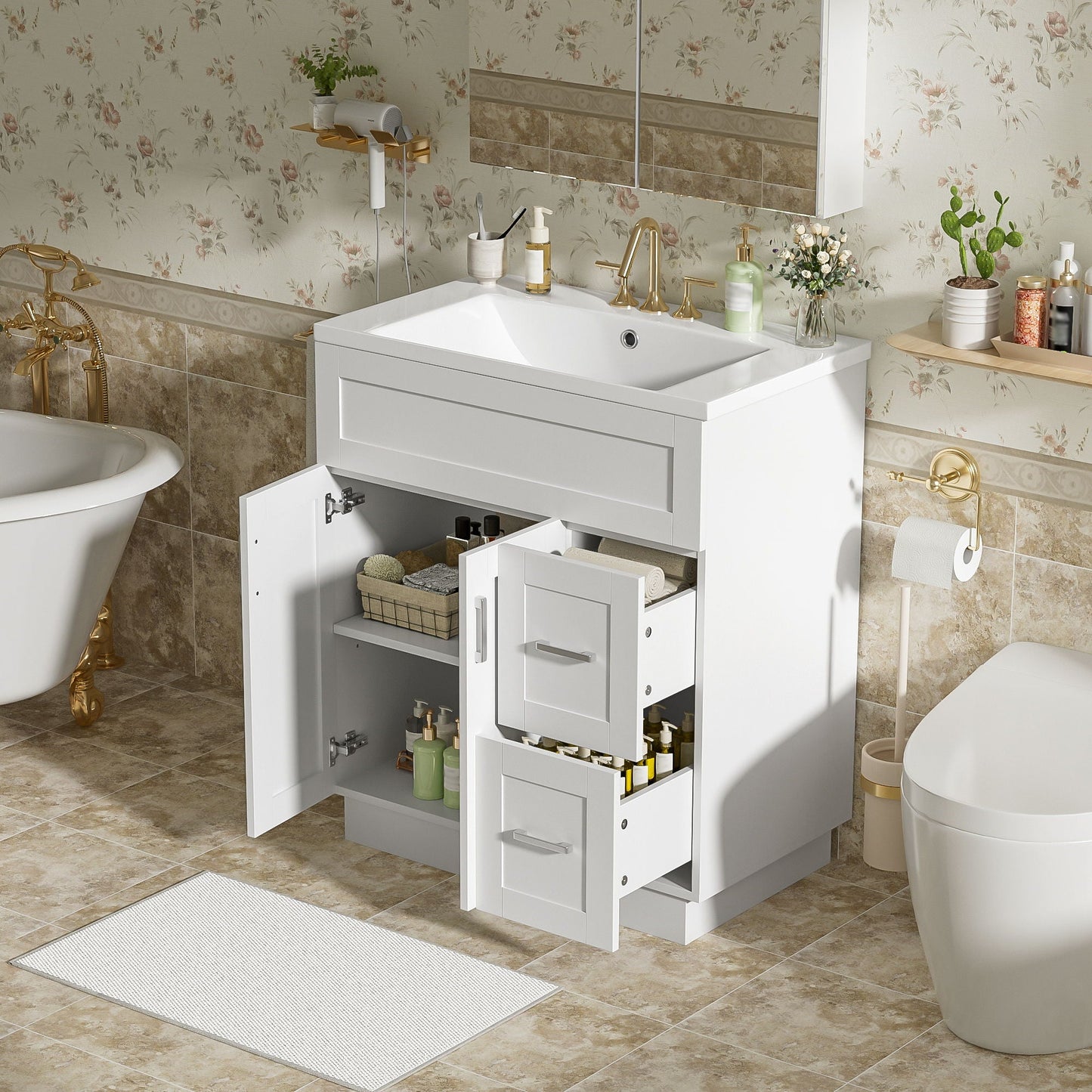 Bathroom Vanity With 2 Doors, 2 Drawers, Adjustable Shelf, Hidden Slides & Soft Close Hinges
