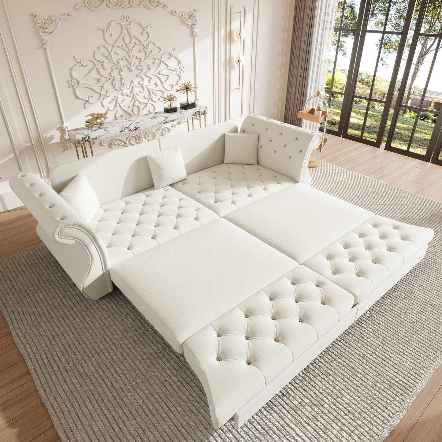Oversized Chesterfield Pull Out Sofa Bed, Roll Arm Couch With Flower Tufting For Living Room