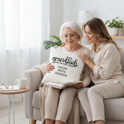 Personalized Pillow Cover - Grandkids Make Life Grand - Christmas Gift for Grandma - Throw Pillow Personalized with Grandchildrens Names