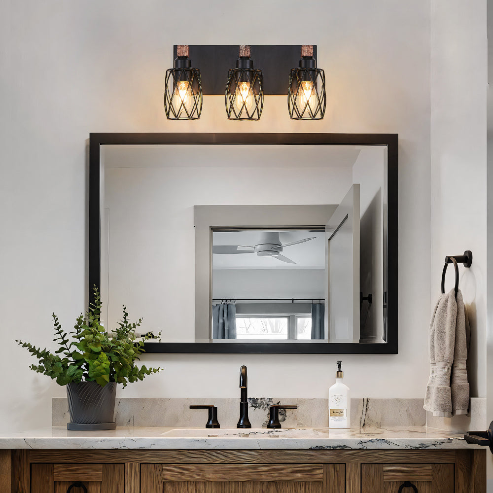 Industrial Black Cage Wall Sconce with Wood Accents | 3/4/5/6/7-Light Vintage Fixture for Bathroom, Hallway & Living Room