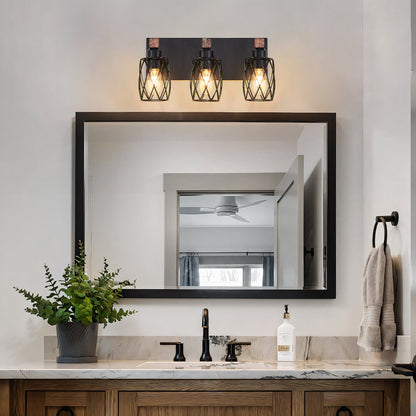 Industrial Black Cage Wall Sconce with Wood Accents | 3/4/5/6/7-Light Vintage Fixture for Bathroom, Hallway & Living Room