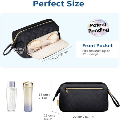Wide-open Quilted Travel Makeup Organizer Bag with Handle: Black