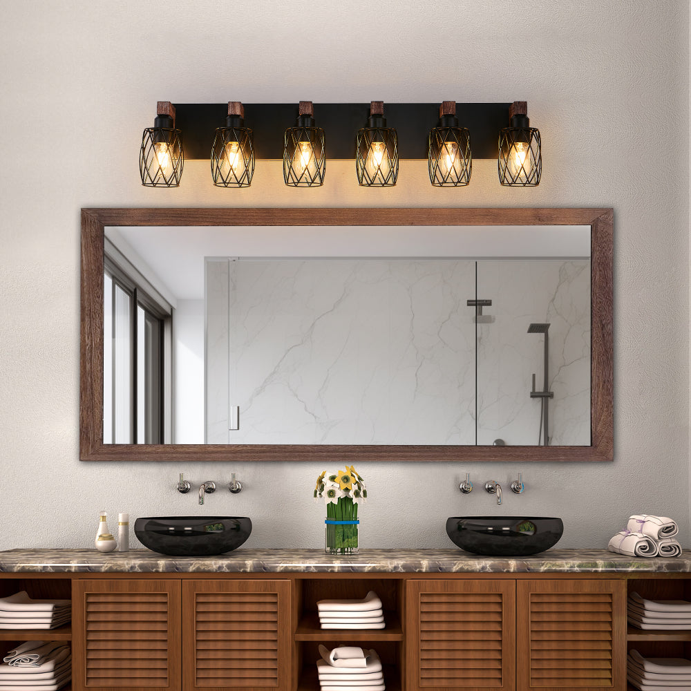 Industrial Black Cage Wall Sconce with Wood Accents | 3/4/5/6/7-Light Vintage Fixture for Bathroom, Hallway & Living Room