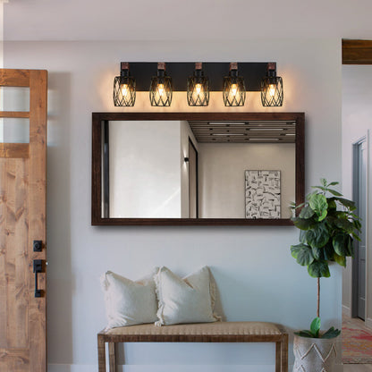 Industrial Black Cage Wall Sconce with Wood Accents | 3/4/5/6/7-Light Vintage Fixture for Bathroom, Hallway & Living Room