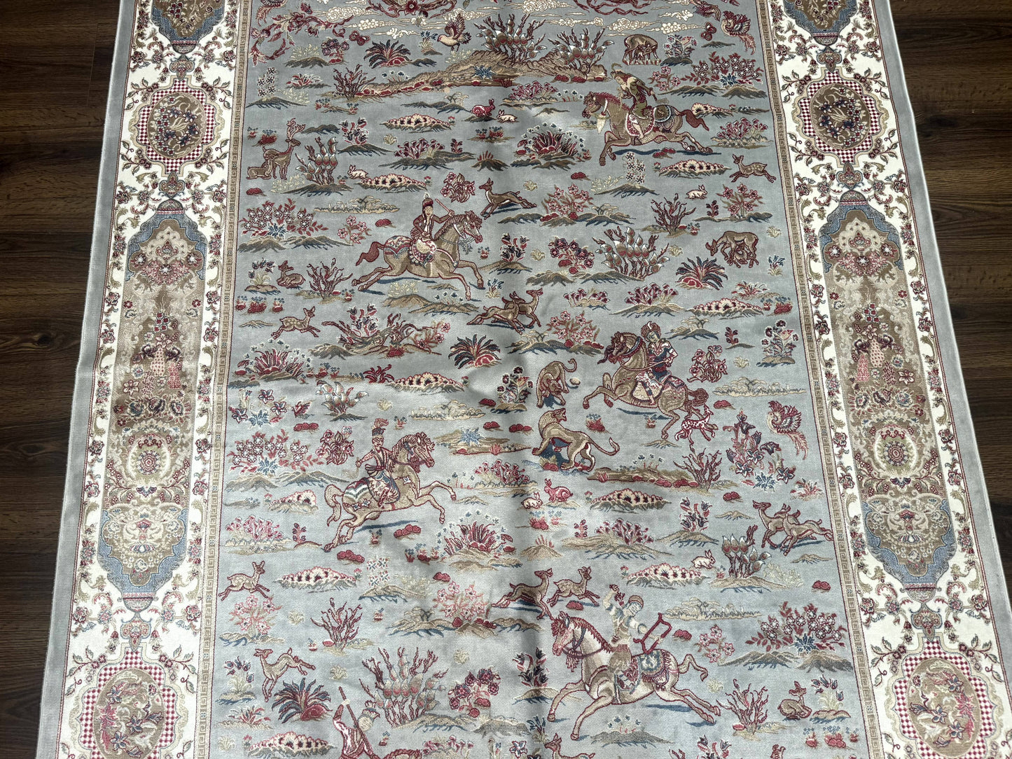 Turkish Silk Rug 5x7, Hunting Design, Animal Pictorials, Bamboo Silk