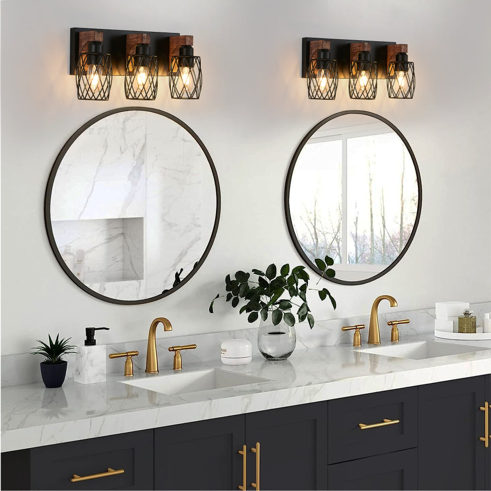 Industrial Black Cage Wall Sconce with Wood Accents | 3/4/5/6/7-Light Vintage Fixture for Bathroom, Hallway & Living Room