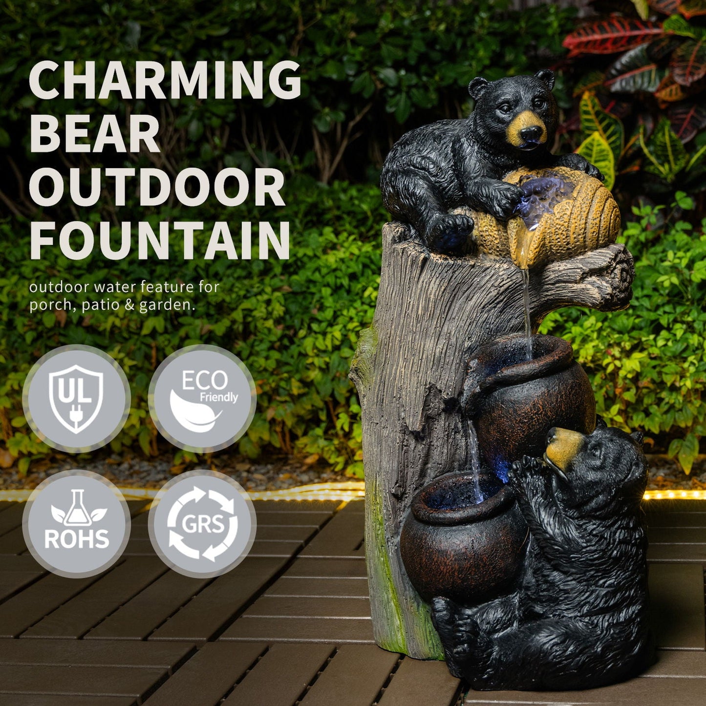 Bear Tree Stump Outdoor Water Fountain With LED Lights - Brown Gray