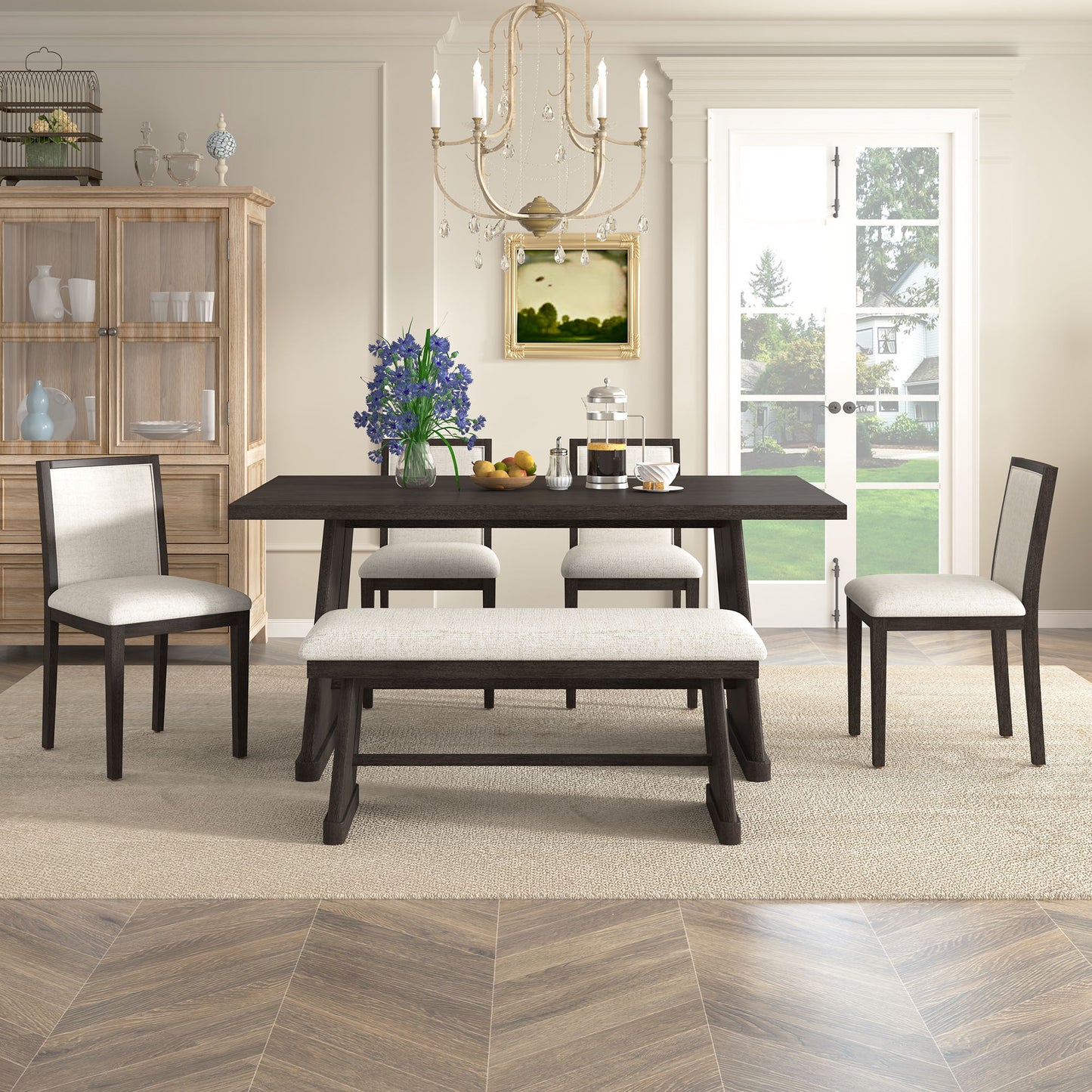 Dining Set With Rectangular Table, 4 Upholstered Chairs & 1 Padded Bench