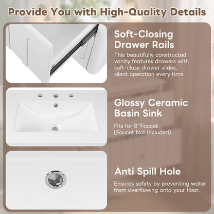 Floating Bathroom Vanity With Oval Knobs & Round Edge, Soft Close Drawer Slides