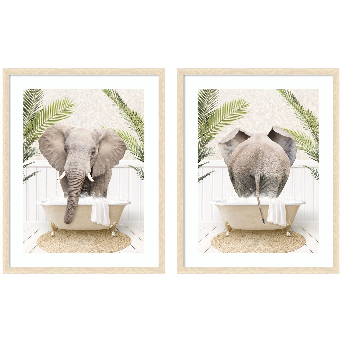 Elephant Palm Bathtub 2 Piece Framed Wall Art Print Set by Amy Peterson