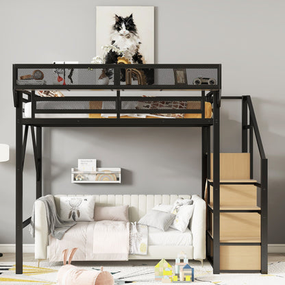 Loft Bed With Stairs, Storage Shelves, Wardrobe