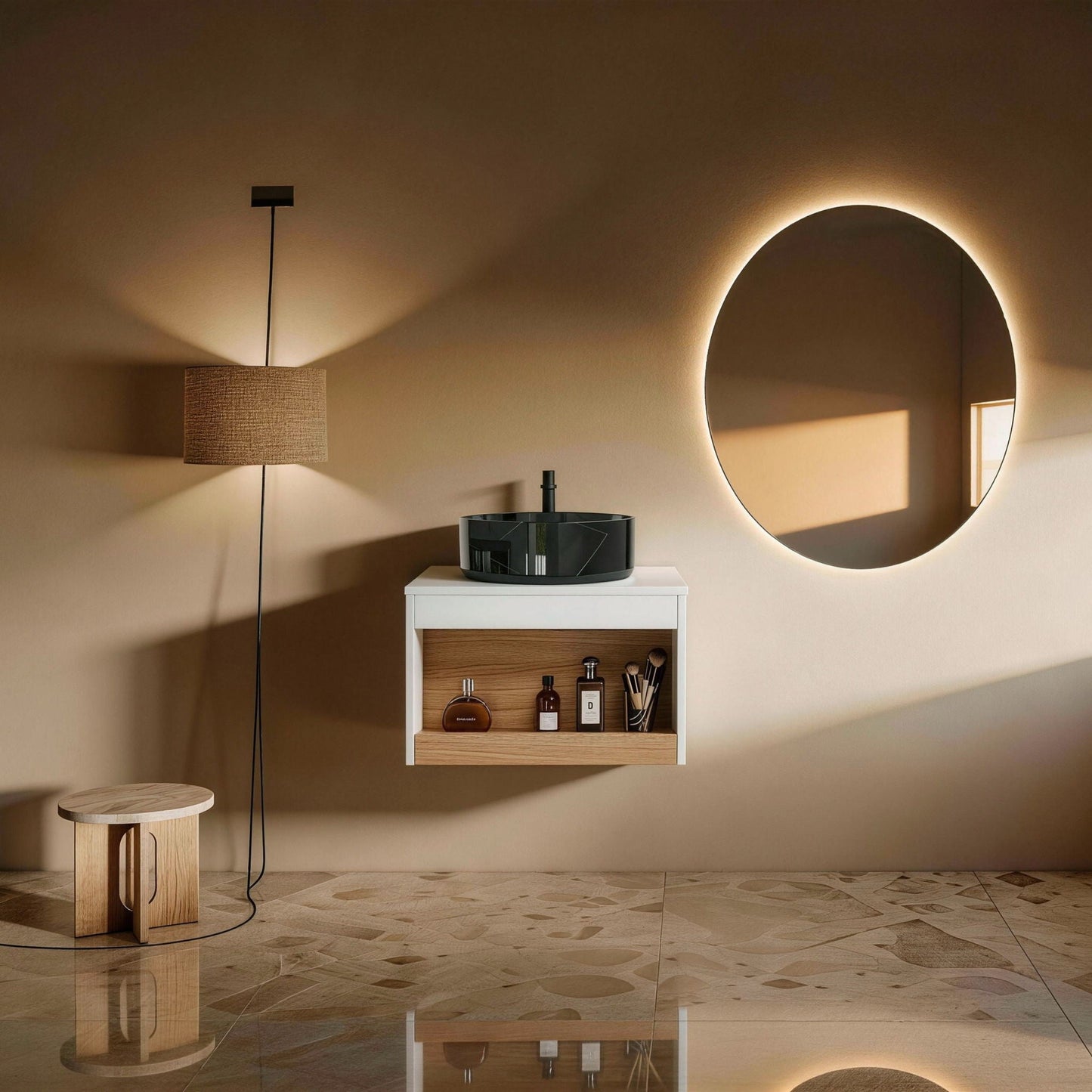 Floating Bathroom Vanity With Vessel Sink With Open Shelf Storage