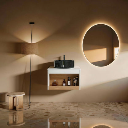 Floating Bathroom Vanity With Vessel Sink With Open Shelf Storage