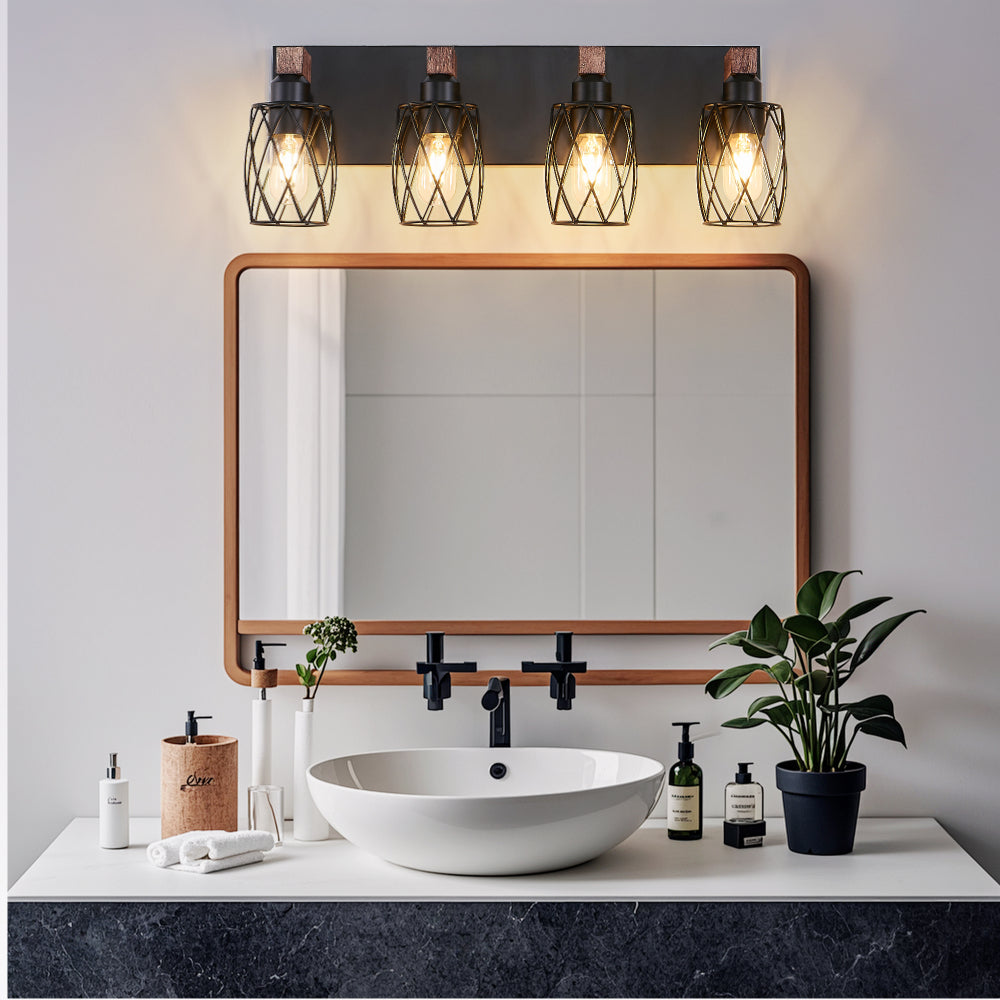 Industrial Black Cage Wall Sconce with Wood Accents | 3/4/5/6/7-Light Vintage Fixture for Bathroom, Hallway & Living Room