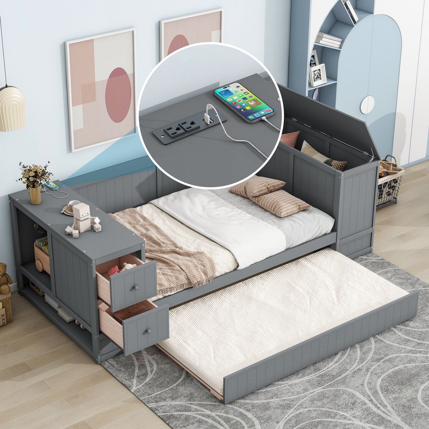 Daybed With Storage Arms, Trundle And Charging Station