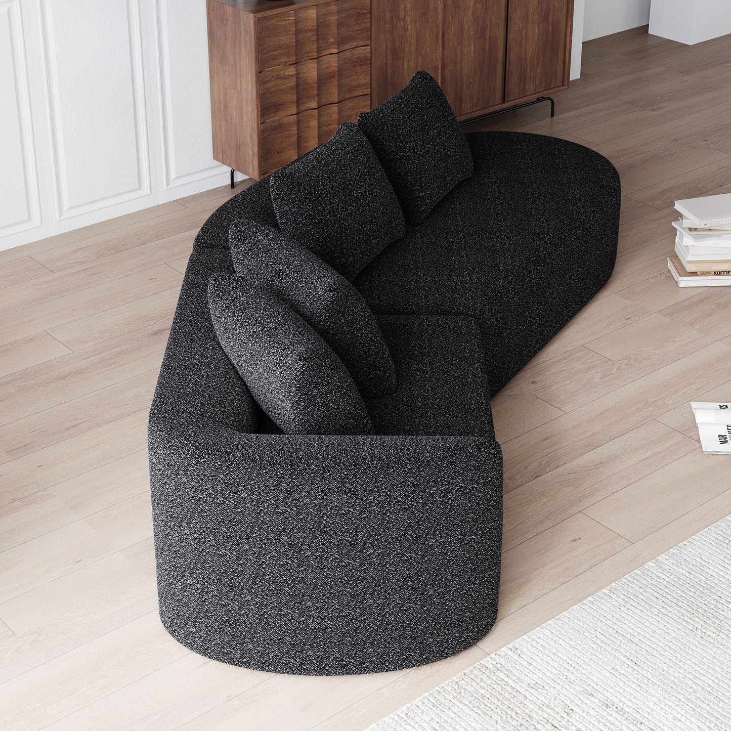 Upholstered Oversized Sectional Sofa, 4 Seater Extra Deep & Wide Curved Cloud Couch With 4 Throw Pillows For Living Room - Black