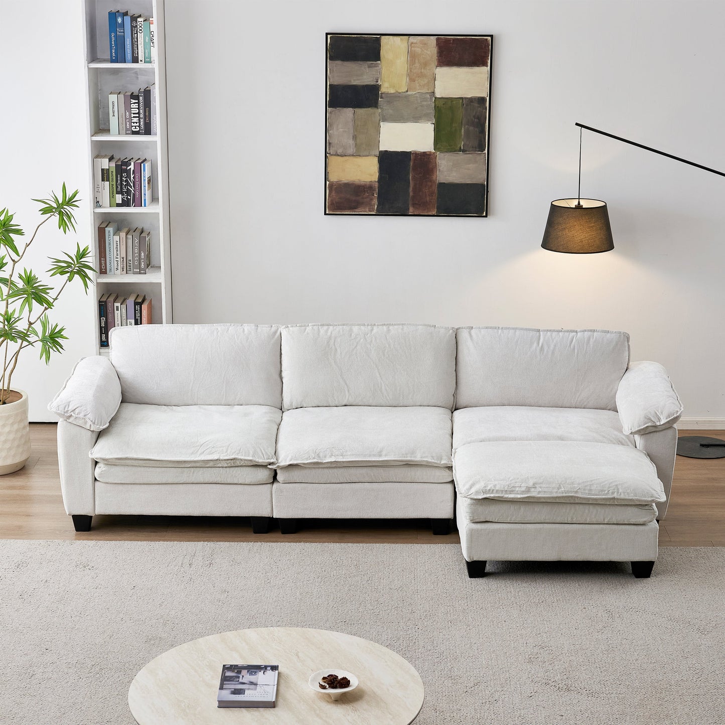 Living Room Sofa Luxury Couch with Ottoman in Soft Chenille Beige
