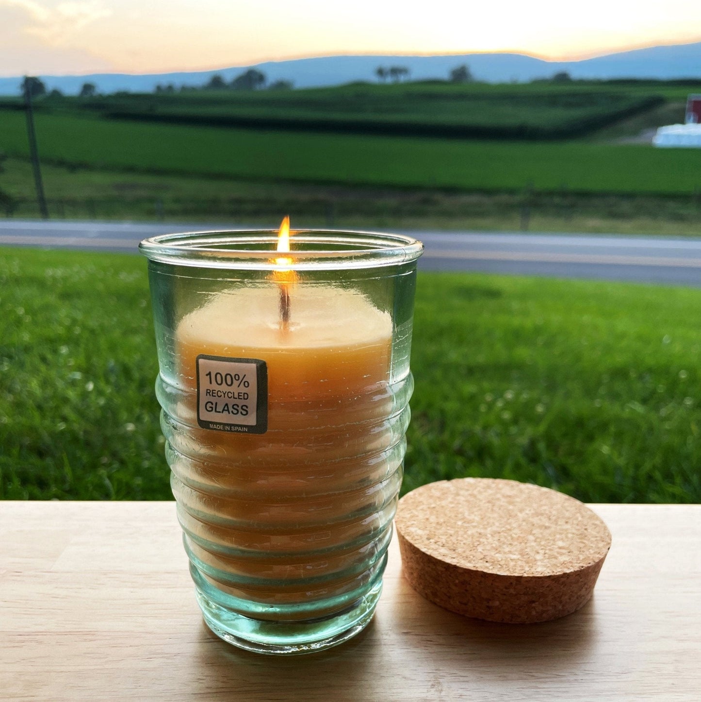 Beeswax Candle in Honeybee Glass Jar Spanish Recycled Glass