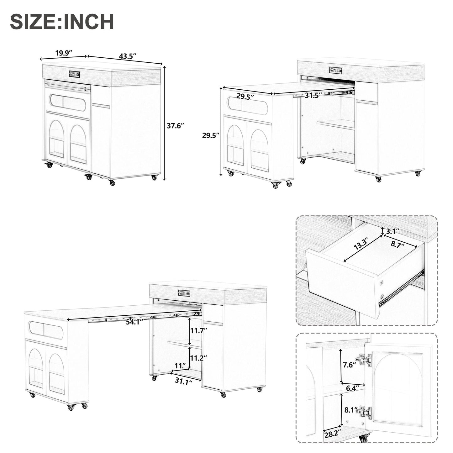 Extendable Dining Table With Folding Top, Rolling Kitchen Island With Drawers And Power Outlet