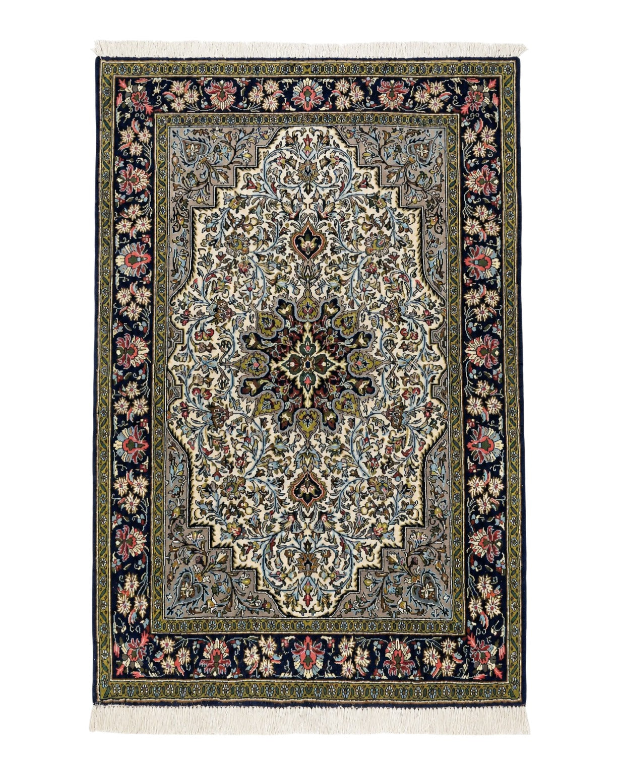 Persian Qum Rug 3x5, Wool with Silk Highlights, Handmade Semi Antique Carpet, Ivory & Navy Blue, Floral Medallion, Finely Hand Knotted