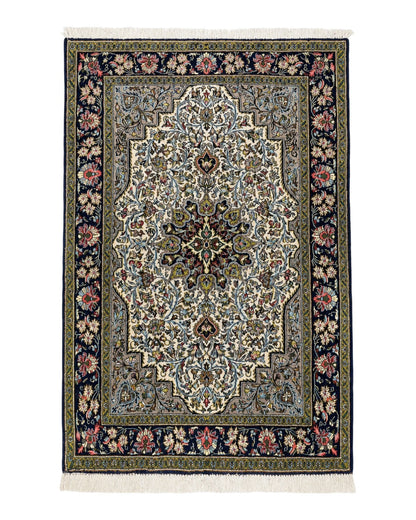 Persian Qum Rug 3x5, Wool with Silk Highlights, Handmade Semi Antique Carpet, Ivory & Navy Blue, Floral Medallion, Finely Hand Knotted